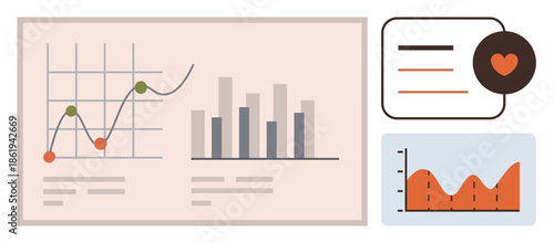 Line graph with data points, bar chart, orange wave chart, and analytics card. Ideal for statistics, analysis, business insights, finance trends reporting data science. Simple flat metaphor