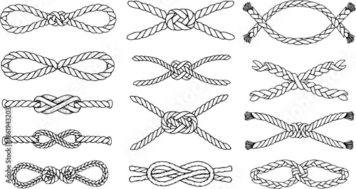 Rope Frame Set – Hand-Drawn Nautical Knot Borders, Marine Cord Shapes, Sailor Twisted Rope Poster Decoration, Vintage Lasso Frame Doodle, Isolated Vector Rope Design
