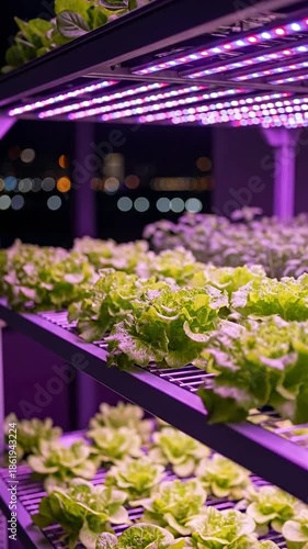 Indoor hydroponic farm with rows of green plants under purple lights
