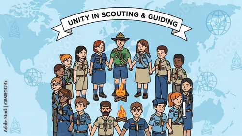 Diverse Group of Cartoon Scouts Standing Together on World Map Background