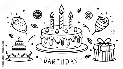 Birthday cake and gift elements doodle Vector