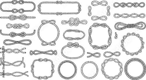 Rope Frame Set – Hand-Drawn Nautical Knot Borders, Marine Cord Shapes, Sailor Twisted Rope Poster Decoration, Vintage Lasso Frame Doodle, Isolated Vector Rope Design