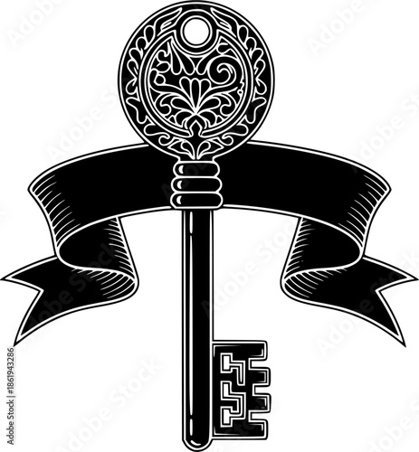 Vector Neo-Traditional Blackwork: Skeleton Key with Banner
