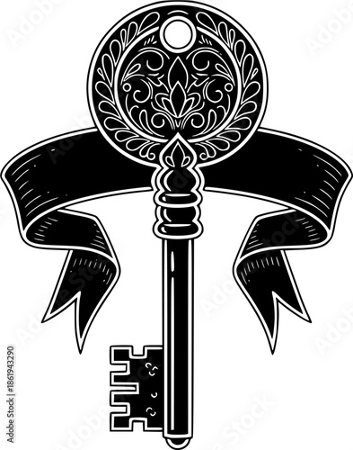 Vector Neo-Traditional Blackwork: Skeleton Key with Banner
