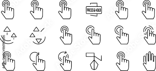 Touch gesture line icon set. Digital interaction outline symbol collection. Editable stroke. Isolated vector illustration
