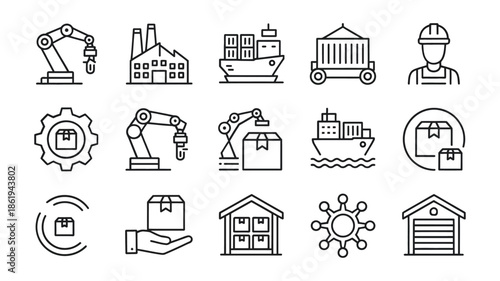 Smart Industrial Automation and Logistics Icons - Linear Vector Symbols for Robotic Arms, Factory Production, and Global Supply Chain Management