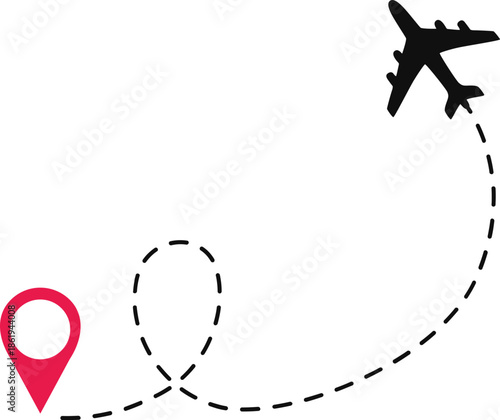 Airplane Track Icon. Air plane flight route dash line trace with start point. Airplane flight path with destination pin. flying plane with twisted, curved and straight dashed trace path.