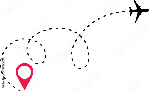 Airplane Track Icon. Air plane flight route dash line trace with start point. Airplane flight path with destination pin. flying plane with twisted, curved and straight dashed trace path.