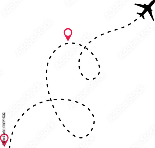 Airplane Track Icon. Air plane flight route dash line trace with start point. Airplane flight path with destination pin. flying plane with twisted, curved and straight dashed trace path.