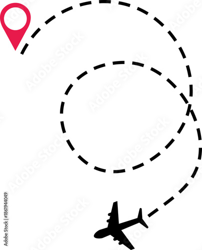 Airplane Track Icon. Air plane flight route dash line trace with start point. Airplane flight path with destination pin. flying plane with twisted, curved and straight dashed trace path.