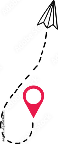 Airplane Track Icon. Air plane flight route dash line trace with start point. Airplane flight path with destination pin. flying plane with twisted, curved and straight dashed trace path.
