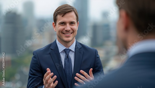 Businessman speaking confidently in office conversation