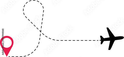 Airplane Track Icon. Air plane flight route dash line trace with start point. Airplane flight path with destination pin. flying plane with twisted, curved and straight dashed trace path.