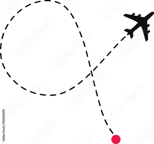 Airplane Track Icon. Air plane flight route dash line trace with start point. Airplane flight path with destination pin. flying plane with twisted, curved and straight dashed trace path.