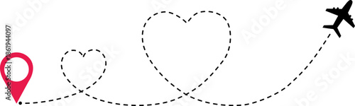 Airplane Track Icon. Air plane flight route dash line trace with start point. Airplane flight path with destination pin. flying plane with twisted, curved and straight dashed trace path.