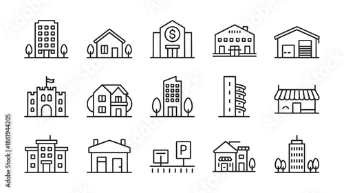 Modern City Architecture and Real Estate Icons - Linear Vector Symbols for Residential Houses, Commercial Buildings, and Public Infrastructure