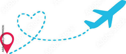 Airplane Track Icon. Air plane flight route dash line trace with start point. Airplane flight path with destination pin. flying plane with twisted, curved and straight dashed trace path.