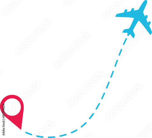 Airplane Track Icon. Air plane flight route dash line trace with start point. Airplane flight path with destination pin. flying plane with twisted, curved and straight dashed trace path.