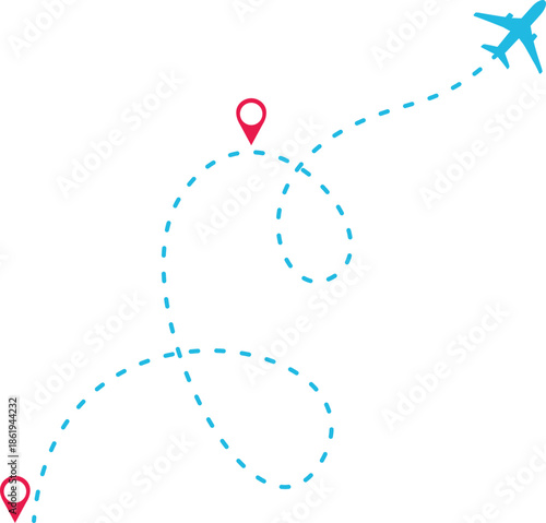 Airplane Track Icon. Air plane flight route dash line trace with start point. Airplane flight path with destination pin. flying plane with twisted, curved and straight dashed trace path.