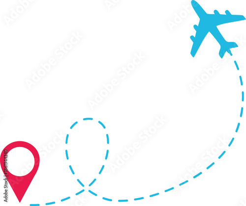 Airplane Track Icon. Air plane flight route dash line trace with start point. Airplane flight path with destination pin. flying plane with twisted, curved and straight dashed trace path.