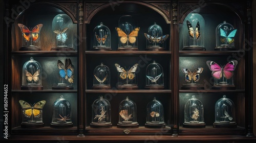 collector's cabinet of curiosities, featuring perfectly preserved butterflies, exotic beetles, and mineral specimens under glass domes, arranged on dark mahogany shelves, academic and mysterious, 