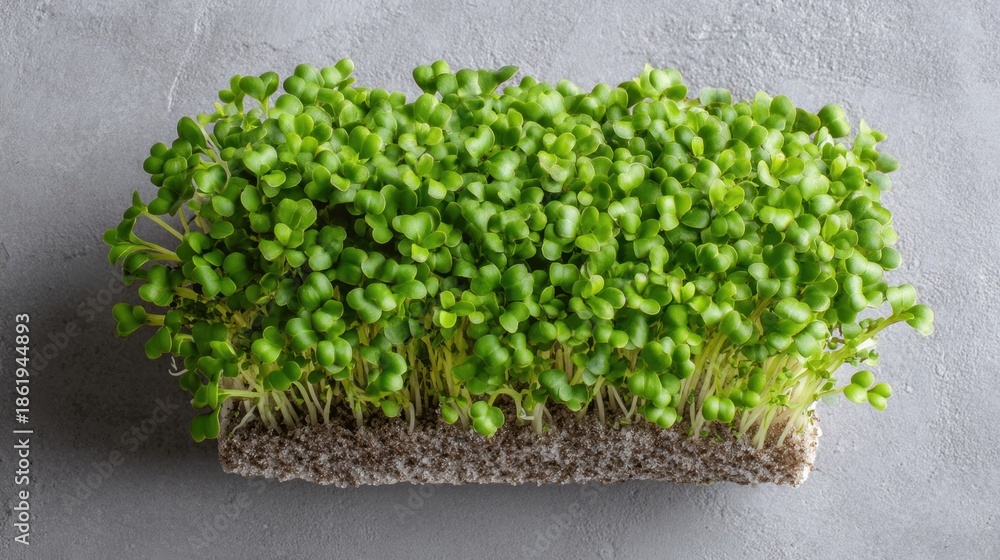 Obraz premium Vibrant green microgreens growing on dark gray background.