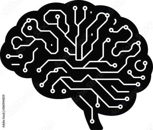 Neural Network Brain with Circuit Connections Silhouette Vector