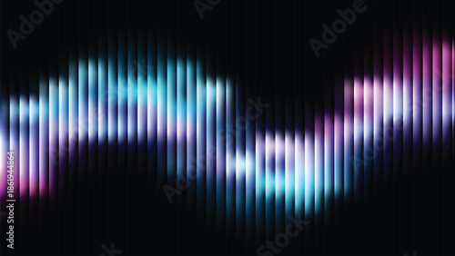 Glass ripple texture with dark gradient background and lilac light streaks. Futuristic distortion, moody abstract glow, reeded vertical blur. Vector illustration EPS