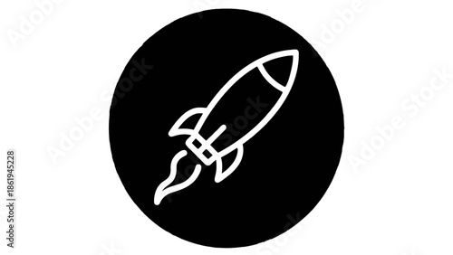 A sleek white outline rocket icon, poised for launch on a solid black circular background, symbolizing rapid startup growth, innovative progress, and technological advancement.