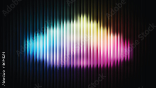 Glass ripple texture with dark gradient background and lilac light streaks. Futuristic distortion, moody abstract glow, reeded vertical blur. Vector illustration EPS