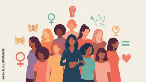 Diverse Women Empowerment Illustration with Symbols of Equality and Freedom