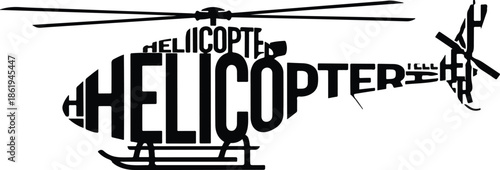 Black and white graphic silhouette of a helicopter formed by typography