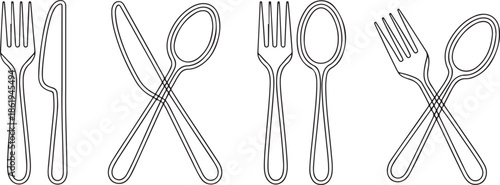 Hand-drawn doodle sketch style representations of common tableware items, including crossed knife and fork designs.
