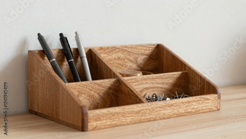 Fotografie Wooden desk organizer with pens and paper clips