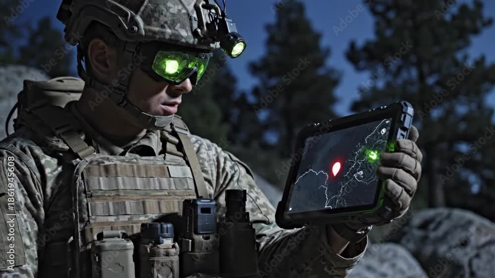 Digital Operatives Soldier uses a tactical tablet for mission planning. Military operative ...