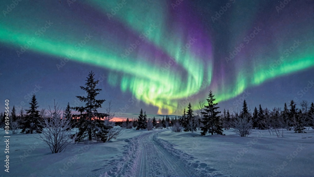 Obraz premium Aurora borealis over snowy forest road at night