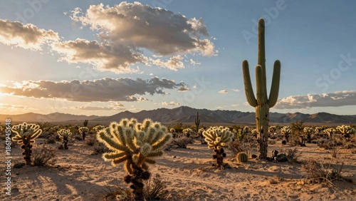Bild auf Leinwand Saguaro and cholla cacti in desert at sunset