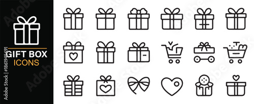 Festive shopping gift symbols line icon pack
