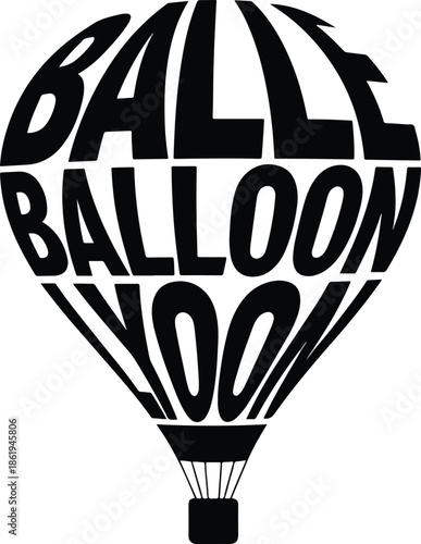Black and white hot air balloon graphic formed by stacked words