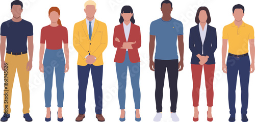 Flat vector illustration of a diverse group of professional men and women standing, wearing casual and business attire, isolated on white.