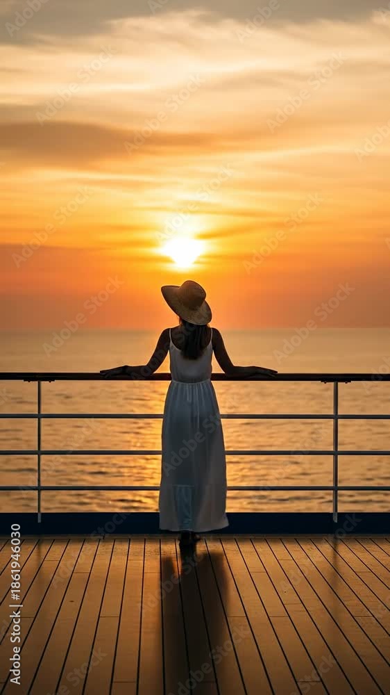 custom made wallpaper toronto digitalWoman in a white dress and hat watches a beautiful sunset from a cruise ship deck.