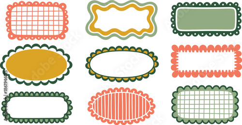 Set of nine decorative vintage style labels, frames, and tags with scalloped edges and patterns