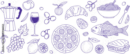 Collection of handdrawn italian food and drink icons coffee maker, wine, grapes, pizza, fish, croissant, pasta, citrus fruits, olives, sandwich