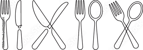 A set of simple, clean black and white line art vector illustrations featuring various configurations of forks, knives, and spoons.