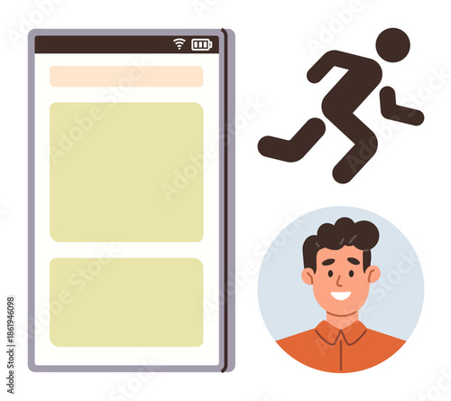 Mobile app screen with profile photo and running icon highlights user activity tracking and engagement. Ideal for fitness, health, user profiles, apps, personal growth, tech concepts, simple flat