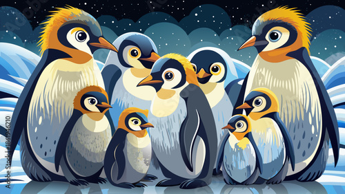 Very beautiful group of King Penguin chicks standing together in rainy Antarctic weather, showcasing fluffy textures, emotional connection, and the resilience of wildlife in extreme polar conditions.