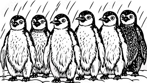 Very beautiful group of King Penguin chicks standing together in rainy Antarctic weather, showcasing fluffy textures, emotional connection, and the resilience of wildlife in extreme polar conditions.