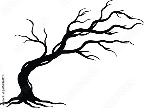 Twisted Bare Tree Silhouette Vector, Spooky Forest Nature Graphic
