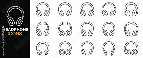 Gaming and studio headphone line style icon set
