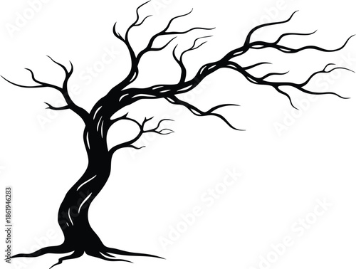 Spooky bare tree silhouette illustration, Creepy dead tree graphic art